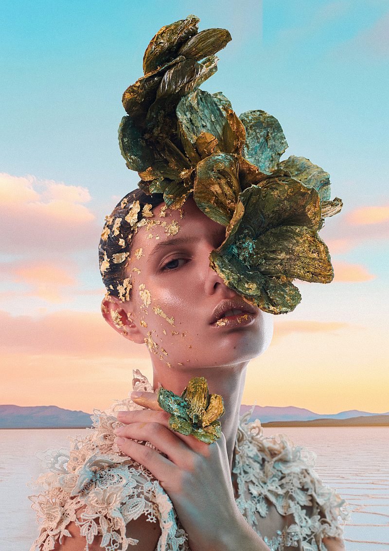 Avant Garde Gold Leaf Flower Headpiece - Stephanie Bellairs - UTOPIES 4045 Collection